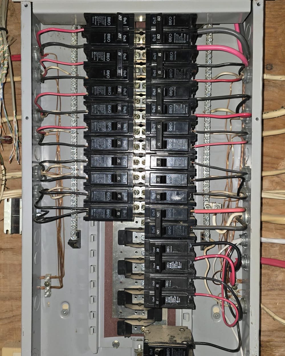 Fully wired residential electrical panel with neatly run circuits